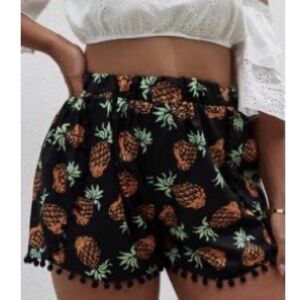 Plus Pineapple Print Pompom Trim Shorts